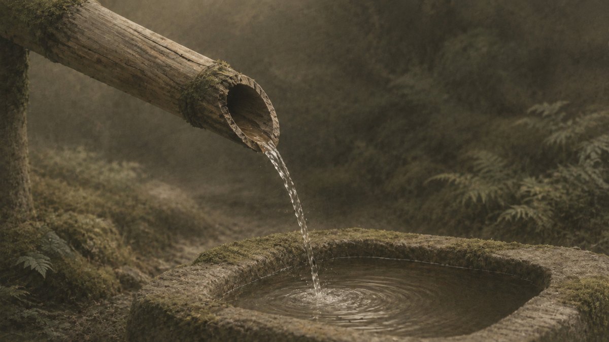 苔むした庭の竹の樋から石の水受けへ一筋に落ちる水。意志ではなく生活の構造が集中を生むイメージ