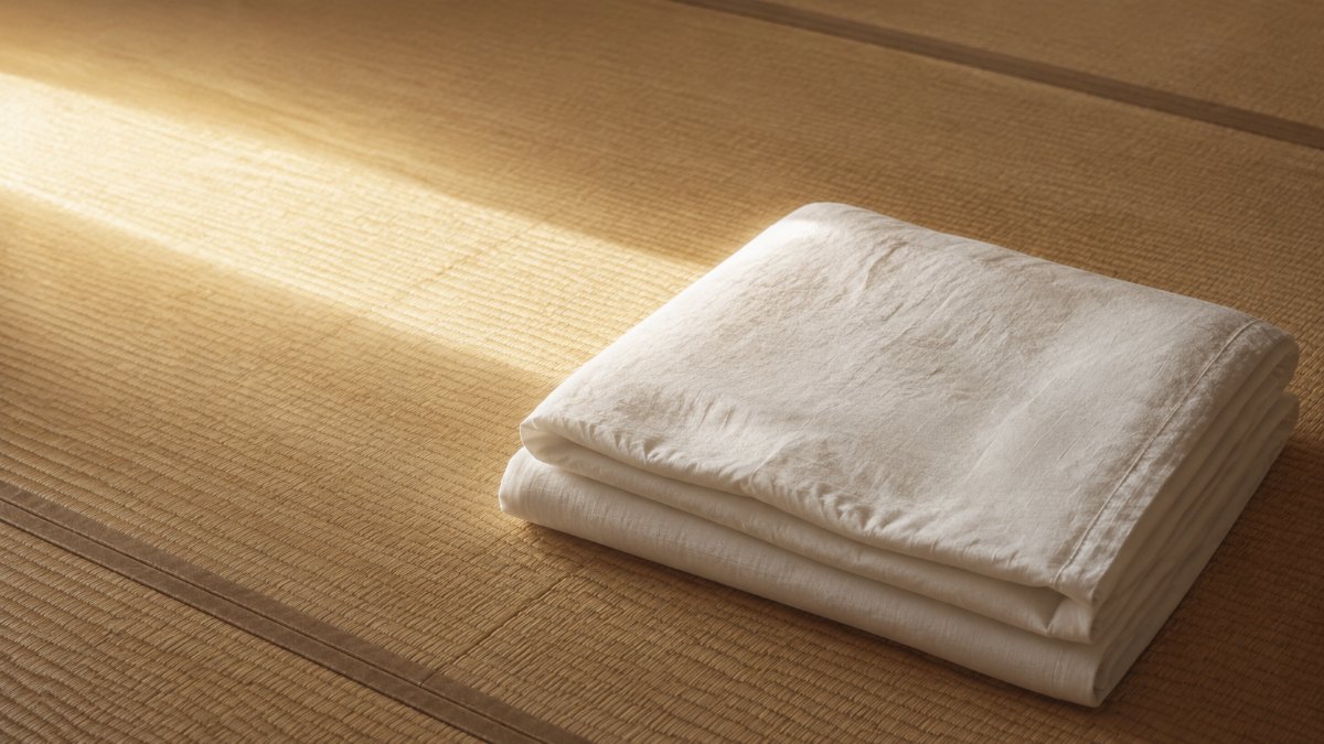 早朝の光が帯になって差す和室の畳に、白いリネンの寝具が一組だけ畳まれている。睡眠と集中作業の生活リズムのイメージ