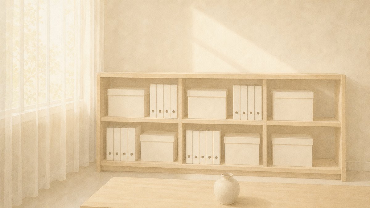 窓際の木の棚に等間隔で並ぶ無地のファイルボックスとバインダー — 記録を仕組みにするイメージ