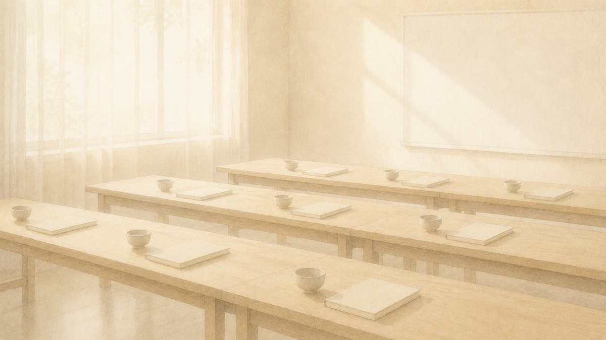 早朝の光が差し込む無人の研修室、長机に等間隔で並ぶノートと湯呑み — 2泊3日の合宿講義のイメージ