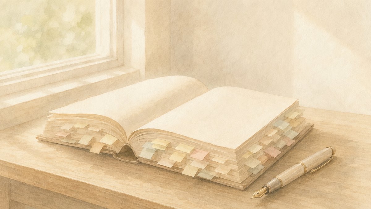 窓辺の机に置かれた、淡い色の付箋がびっしり挟まった分厚い本と万年筆 — 悩み別に引く辞書として使うイメージ