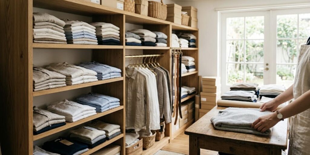 木の棚に服が並ぶアパレル店舗のストックルームで、ニットを畳むスタッフの手元