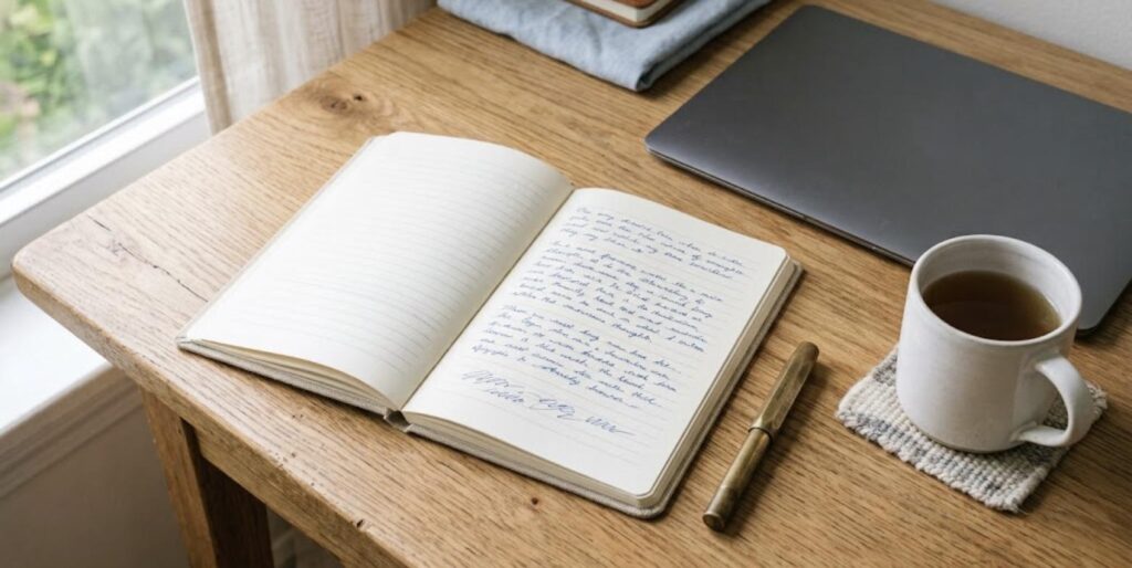 無垢材のデスクに開かれた手書きのノートと万年筆、奥に閉じたノートパソコン
