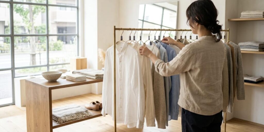 開店前のアパレル店の売場で、真鍮のラックに掛かった服を整えるスタッフの後ろ姿