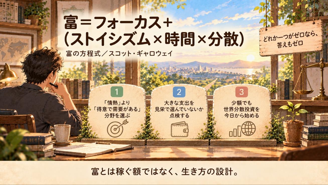 『富の方程式』要約図：富＝フォーカス＋（ストイシズム×時間×分散）