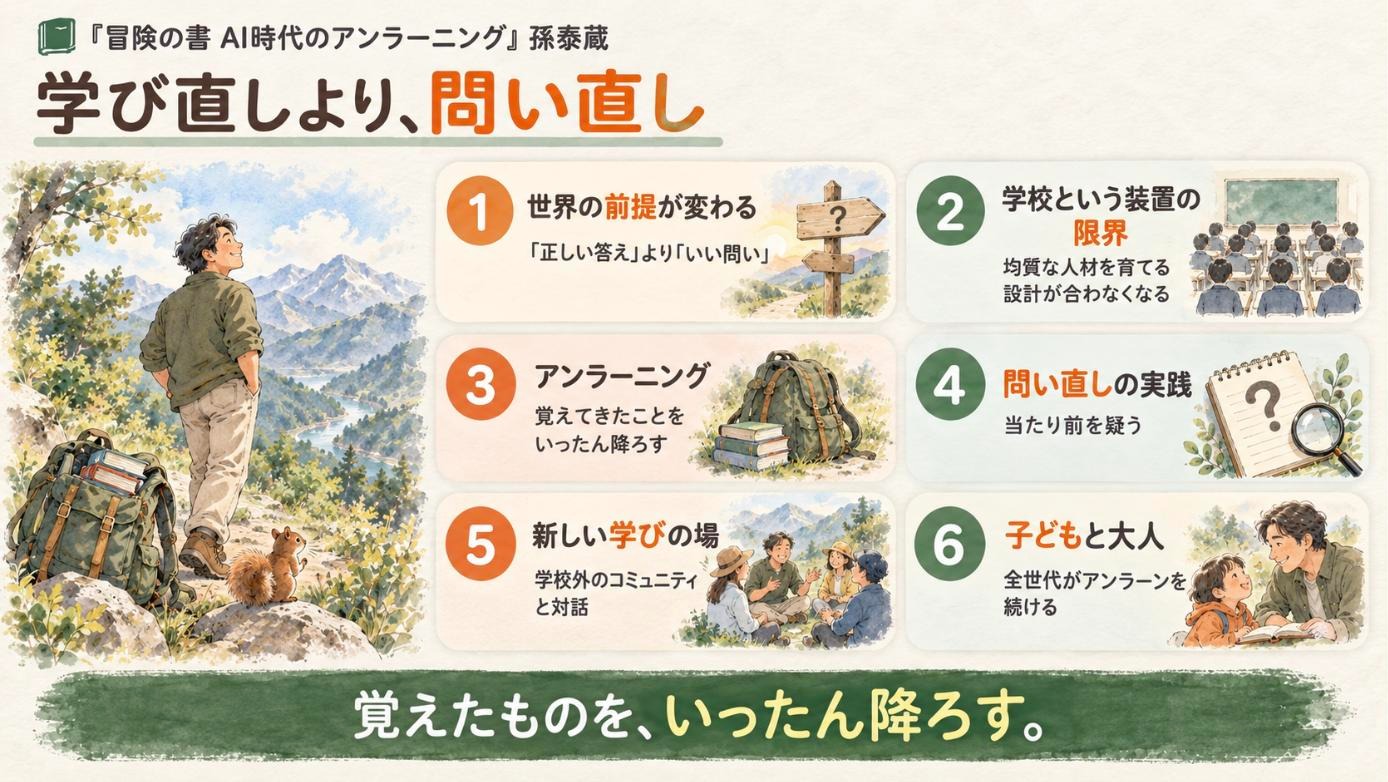『冒険の書 AI時代のアンラーニング』要約図：学び直しより、問い直し