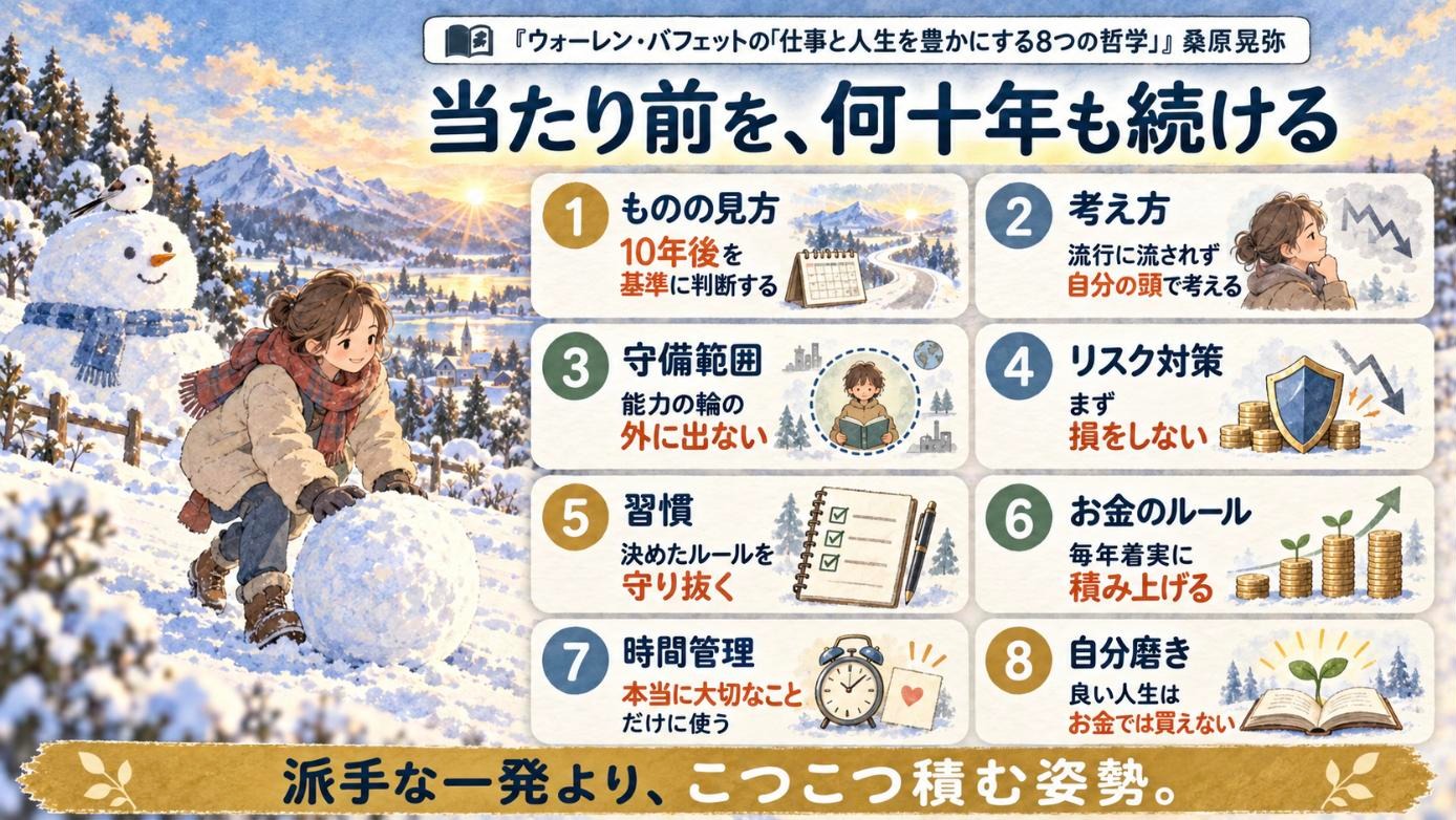 『ウォーレン・バフェットの「仕事と人生を豊かにする8つの哲学」』要約図:当たり前を、何十年も続ける