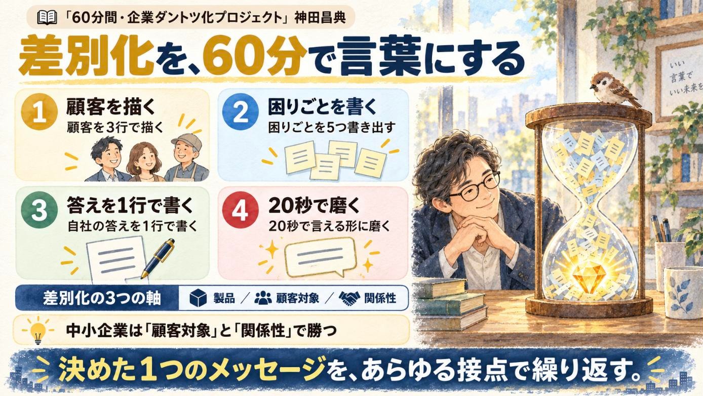 『60分間・企業ダントツ化プロジェクト』要約図：差別化を、60分で言葉にする