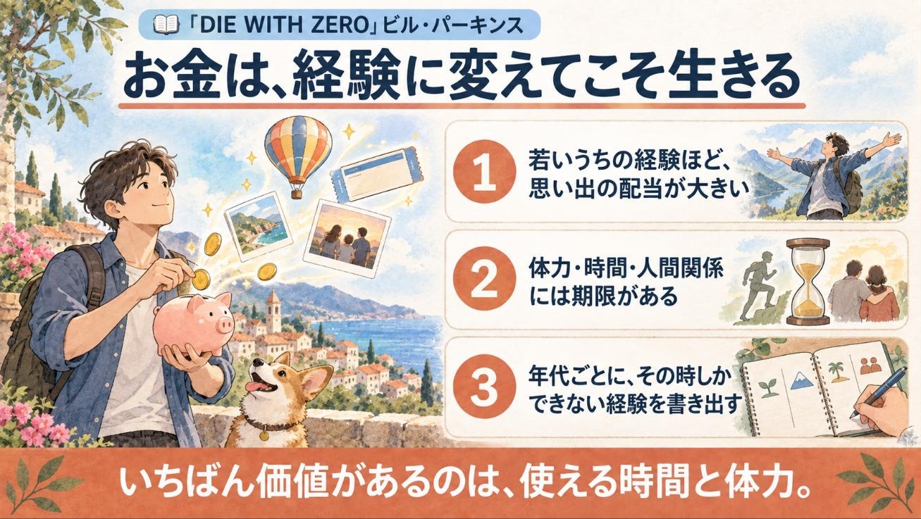 『DIE WITH ZERO』要約図:お金は、経験に変えてこそ生きる