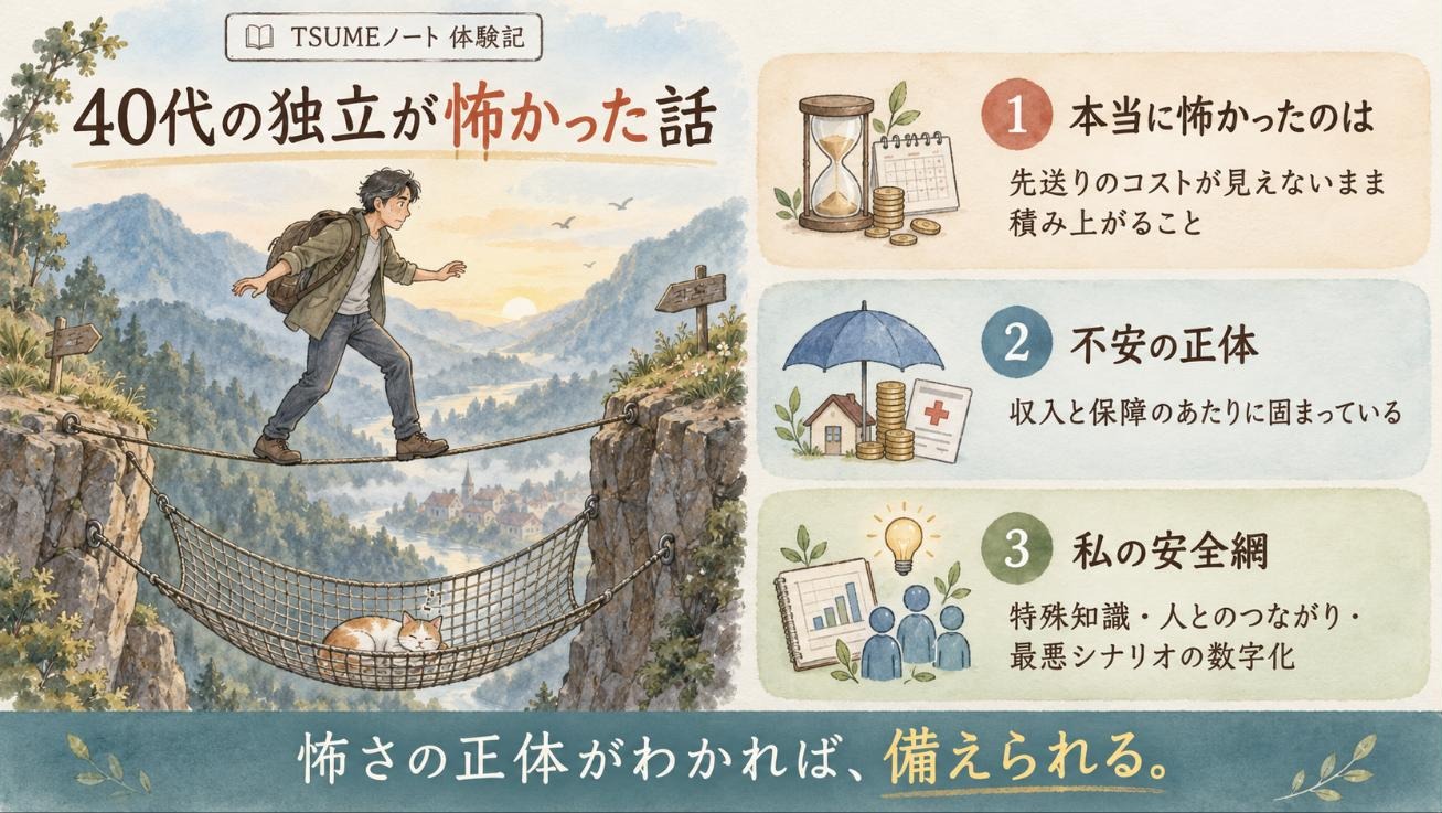 「40代の独立が怖かった話」要約図：怖さの正体がわかれば、備えられる