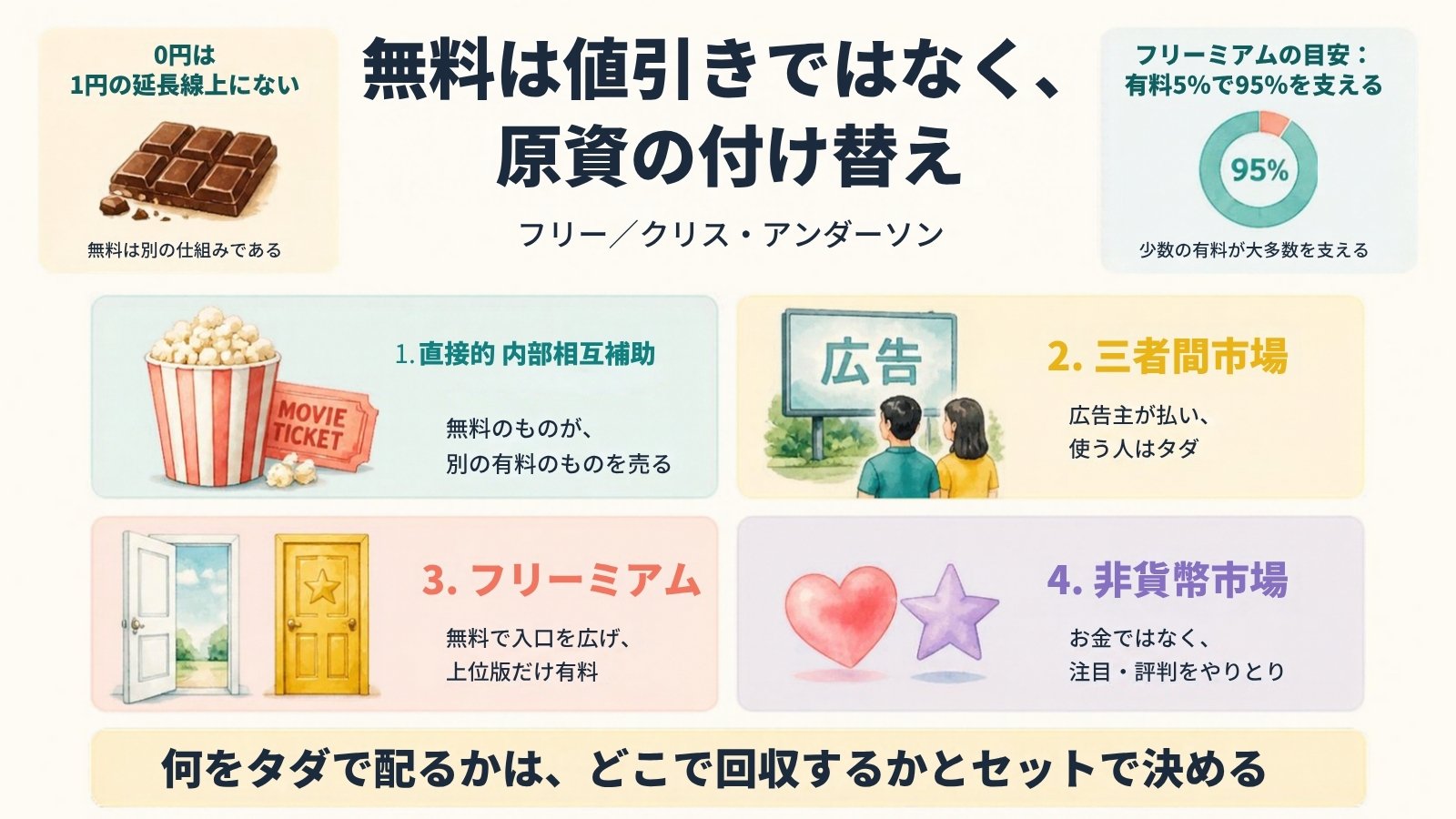 『フリー』クリス・アンダーソン氏が整理した無料で儲ける4つの型。直接的内部相互補助、三者間市場、フリーミアム、非貨幣市場。フリーミアムは有料5%で95%を支える