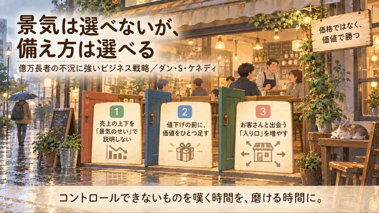 『億万長者の不況に強いビジネス戦略』要約図：景気は選べないが備え方は選べる