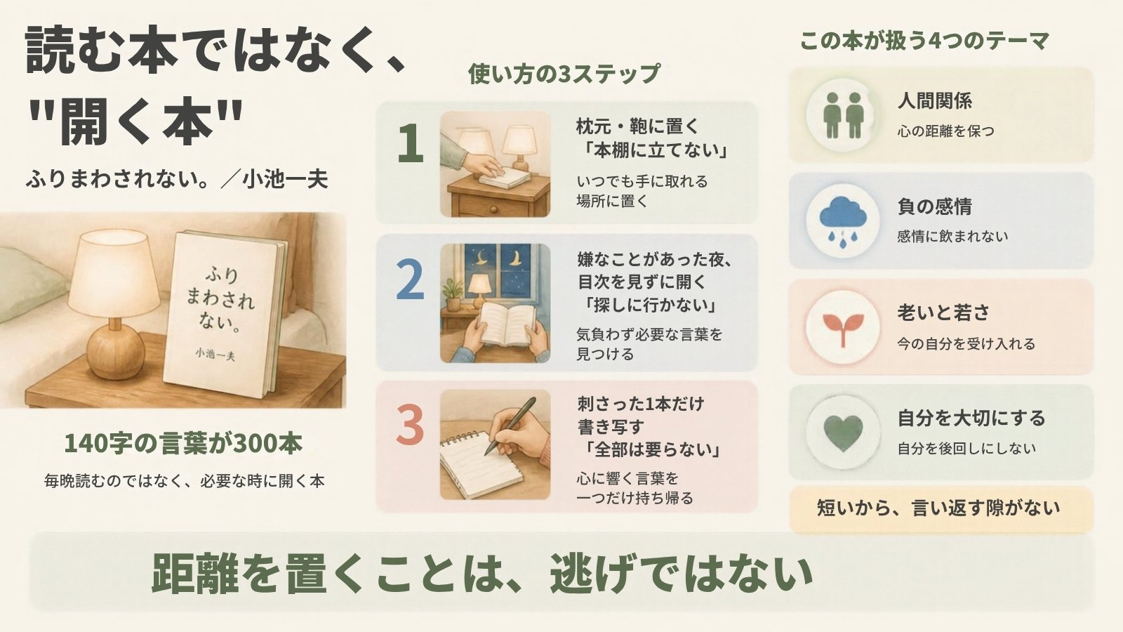 『ふりまわされない。』小池一夫氏の本の使い方3ステップ。枕元や鞄に置く、嫌なことがあった夜に目次を見ずに開く、刺さった1本だけ書き写す。扱うテーマは人間関係、負の感情、老いと若さ、自分を大切にする