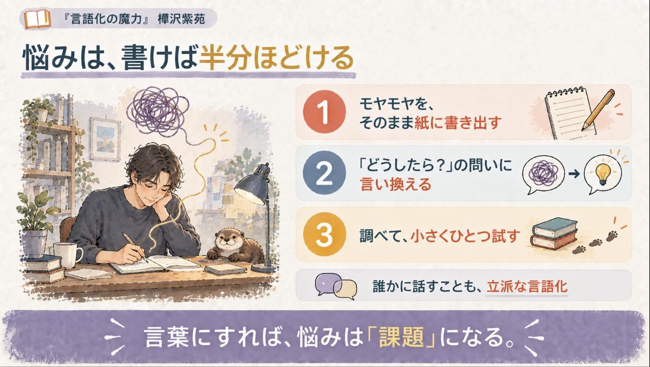 『言語化の魔力』要約図:悩みは、書けば半分ほどける