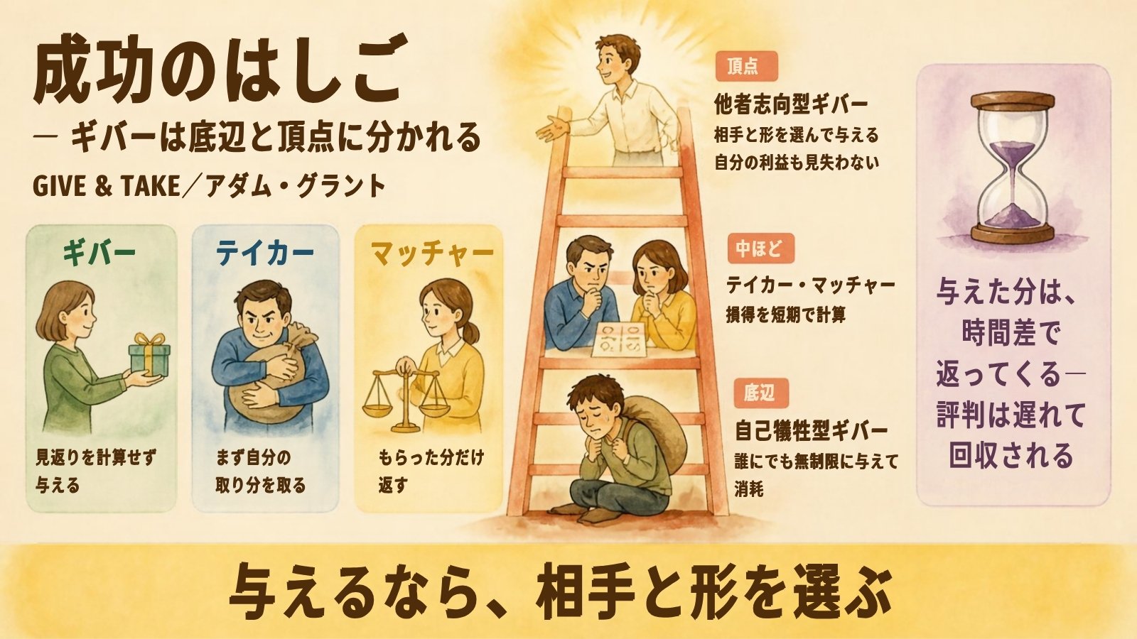 『GIVE &amp; TAKE』アダム・グラント氏が分けた3つのタイプと成功のはしご。見返りを計算せず与えるギバー、自分の取り分を取るテイカー、もらった分だけ返すマッチャー。はしごの底辺に自己犠牲型ギバー、頂点に他者志向型ギバー