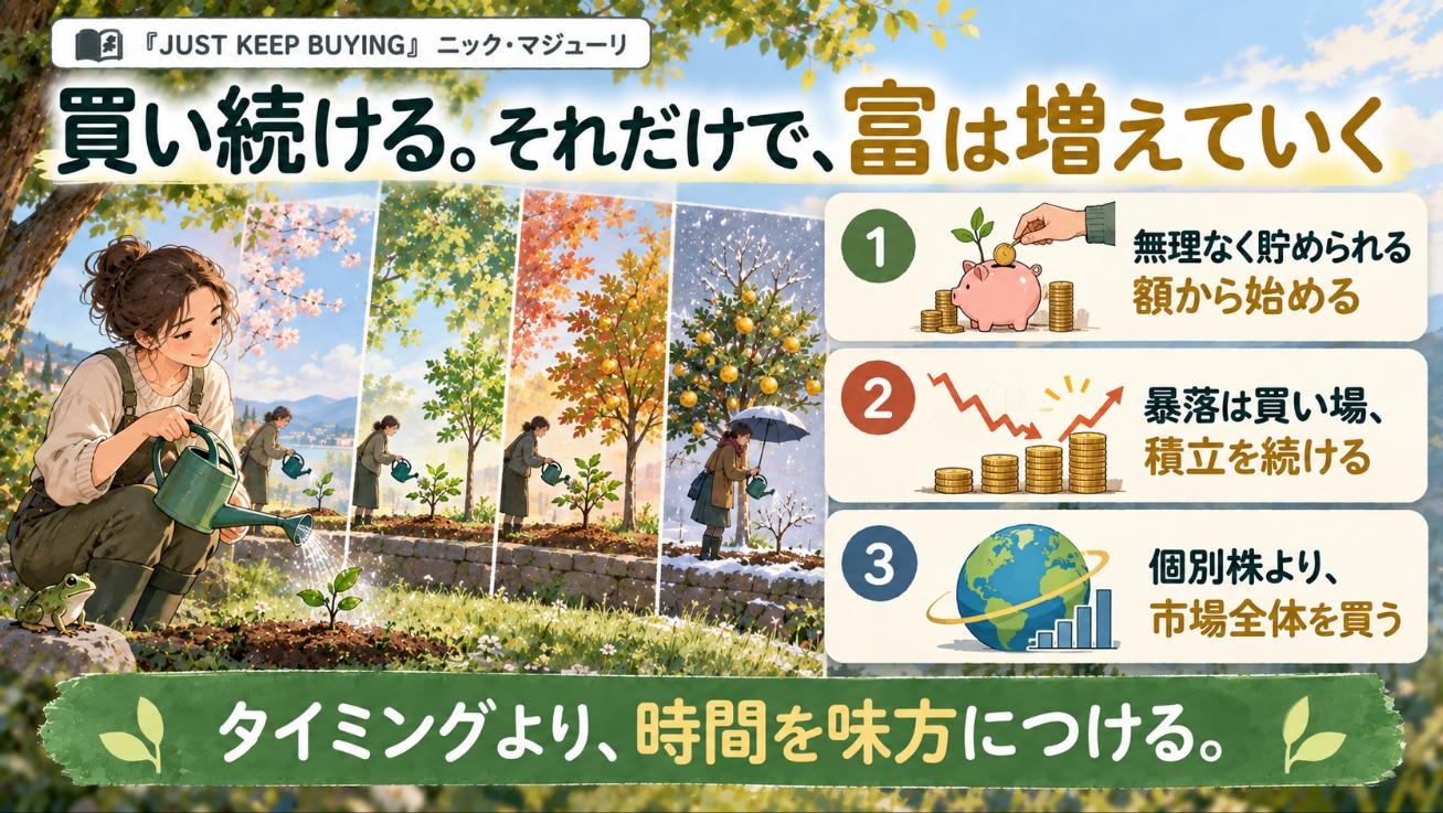 『JUST KEEP BUYING』要約図:買い続ける。それだけで、富は増えていく