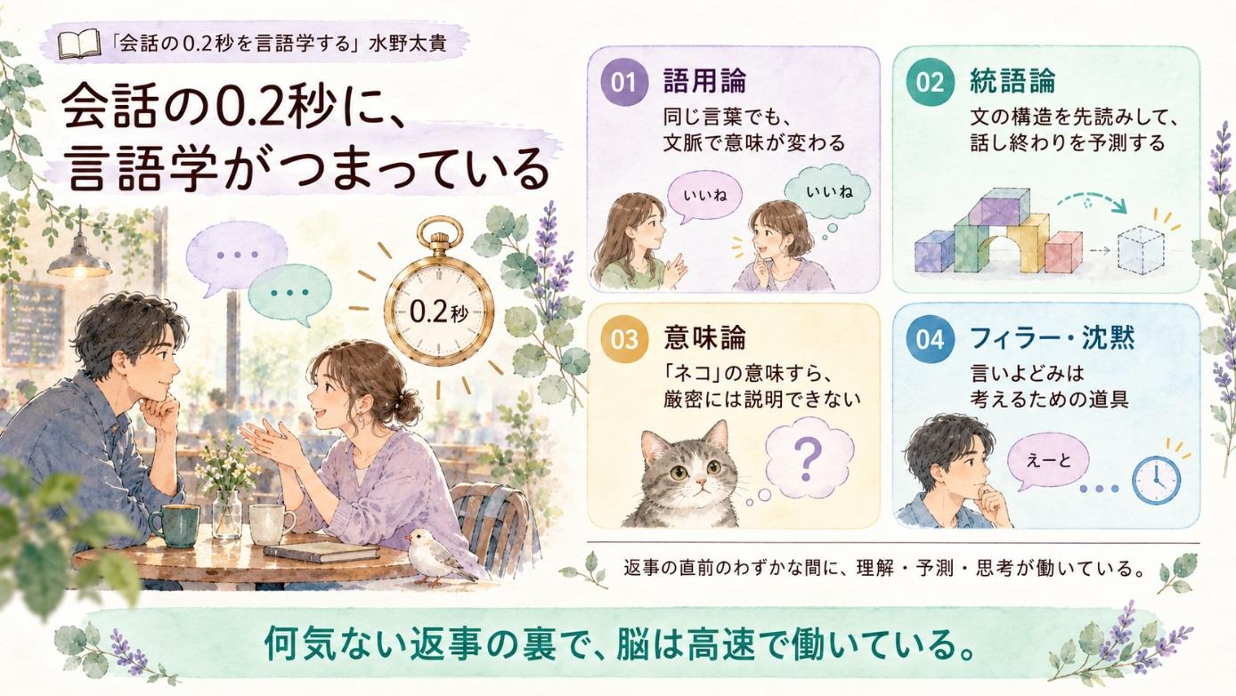 『会話の0.2秒を言語学する』要約図:会話の0.2秒に、言語学がつまっている