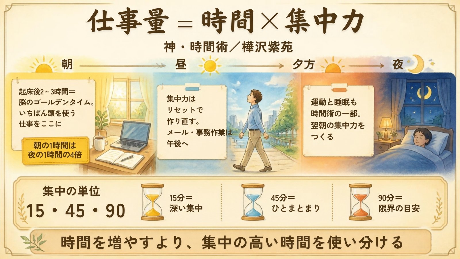 『神・時間術』樺沢紫苑氏の時間術。仕事量=時間×集中力という式と、朝・昼・夕方・夜の使い分け。起床後2〜3時間は脳のゴールデンタイム、集中の単位は15分・45分・90分
