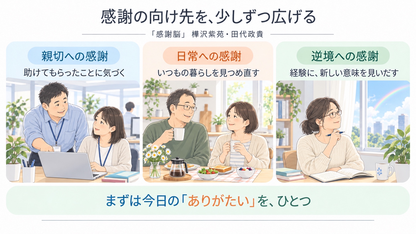 『感謝脳』の要約図。親切への感謝、日常への感謝、逆境への感謝という3つの視点を、仕事・暮らし・振り返りの人物イラストで紹介。