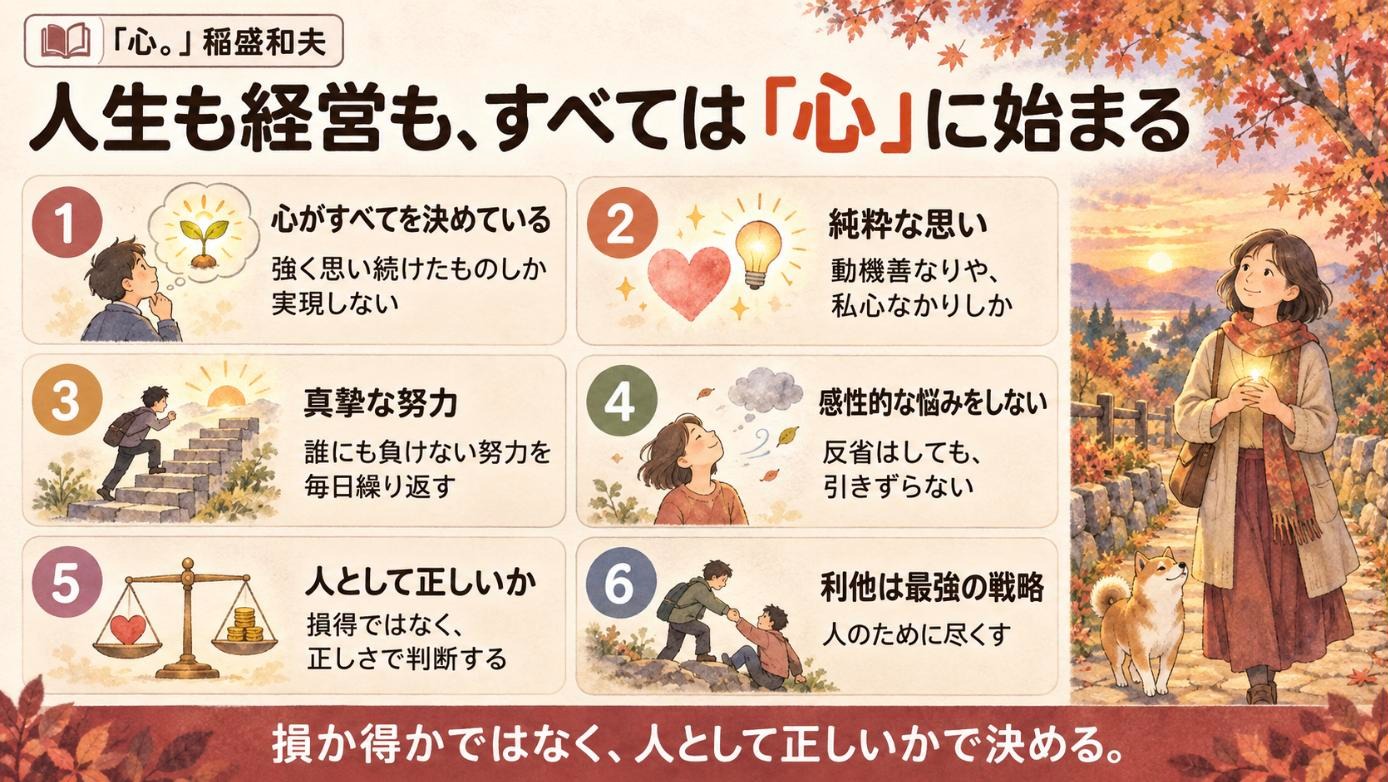 『心。』要約図:人生も経営も、すべては「心」に始まる