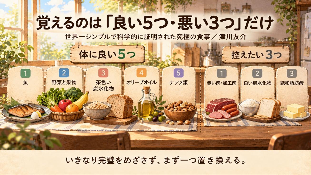 『世界一シンプルで科学的に証明された究極の食事』要約図:良い5つ・悪い3つ