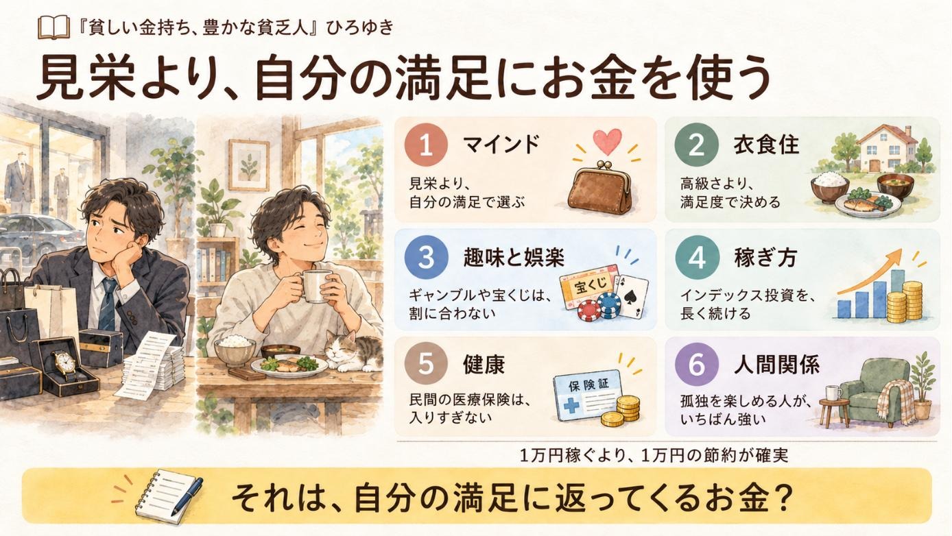 『貧しい金持ち、豊かな貧乏人』要約図：見栄より、自分の満足にお金を使う
