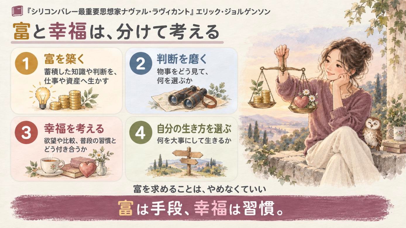 『シリコンバレー最重要思想家ナヴァル・ラヴィカント』要約図：富と幸福は、分けて考える