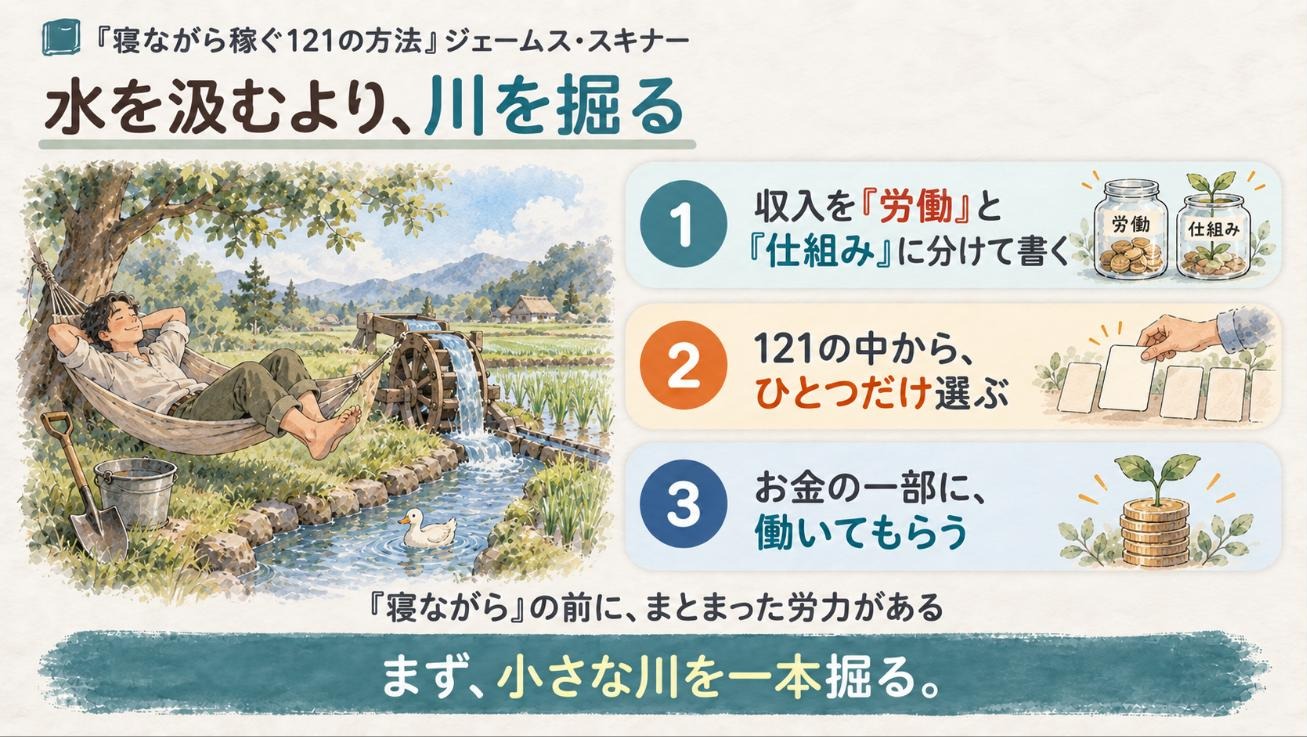 『寝ながら稼ぐ121の方法』要約図:水を汲むより、川を掘る