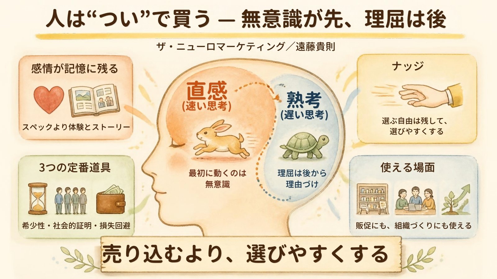 『ザ・ニューロマーケティング』遠藤貴則氏が整理した「つい買う」仕組み。直感(速い思考)が先に動き、熟考(遅い思考)が後から理由づけする。感情が記憶に残ること、希少性・社会的証明・損失回避の3つの定番道具、ナッジ