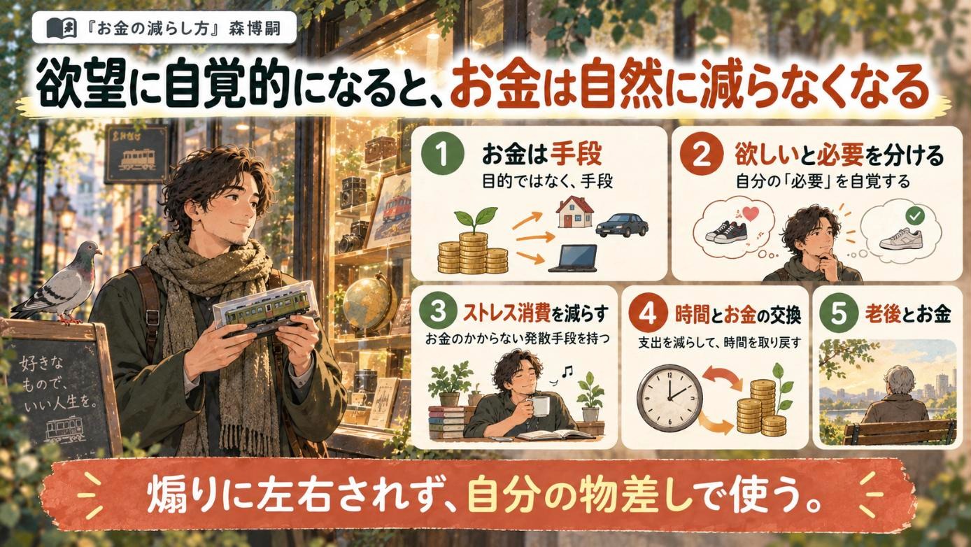 『お金の減らし方』要約図:欲望に自覚的になると、お金は自然に減らなくなる