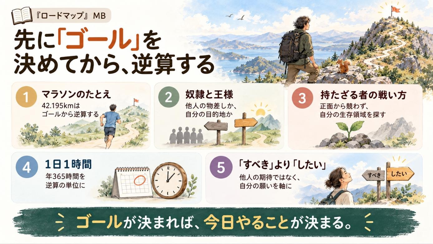 『ロードマップ』要約図:先に「ゴール」を決めてから、逆算する