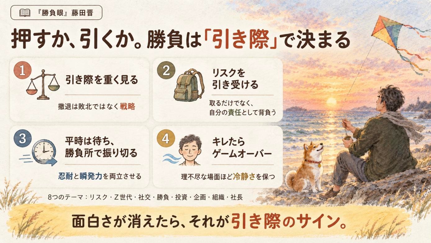 『勝負眼』要約図：押すか、引くか。勝負は「引き際」で決まる