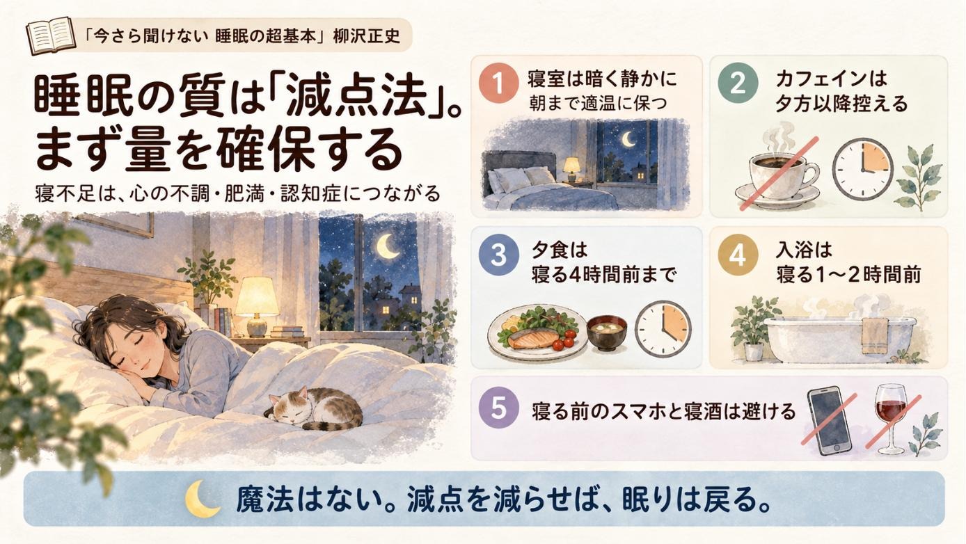 『今さら聞けない 睡眠の超基本』要約図：睡眠の質は「減点法」。まず量を確保する