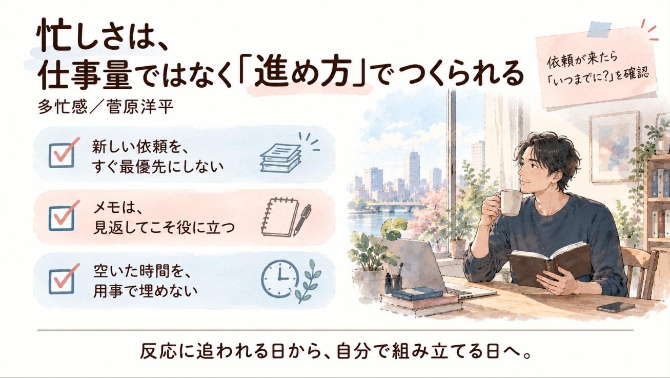 『多忙感』要約図：忙しさは、仕事量ではなく「進め方」でつくられる