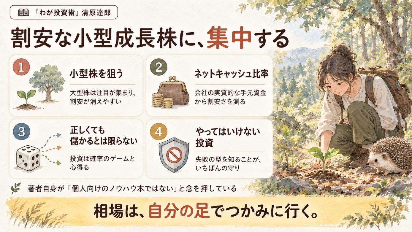 『わが投資術』要約図：割安な小型成長株に、集中する
