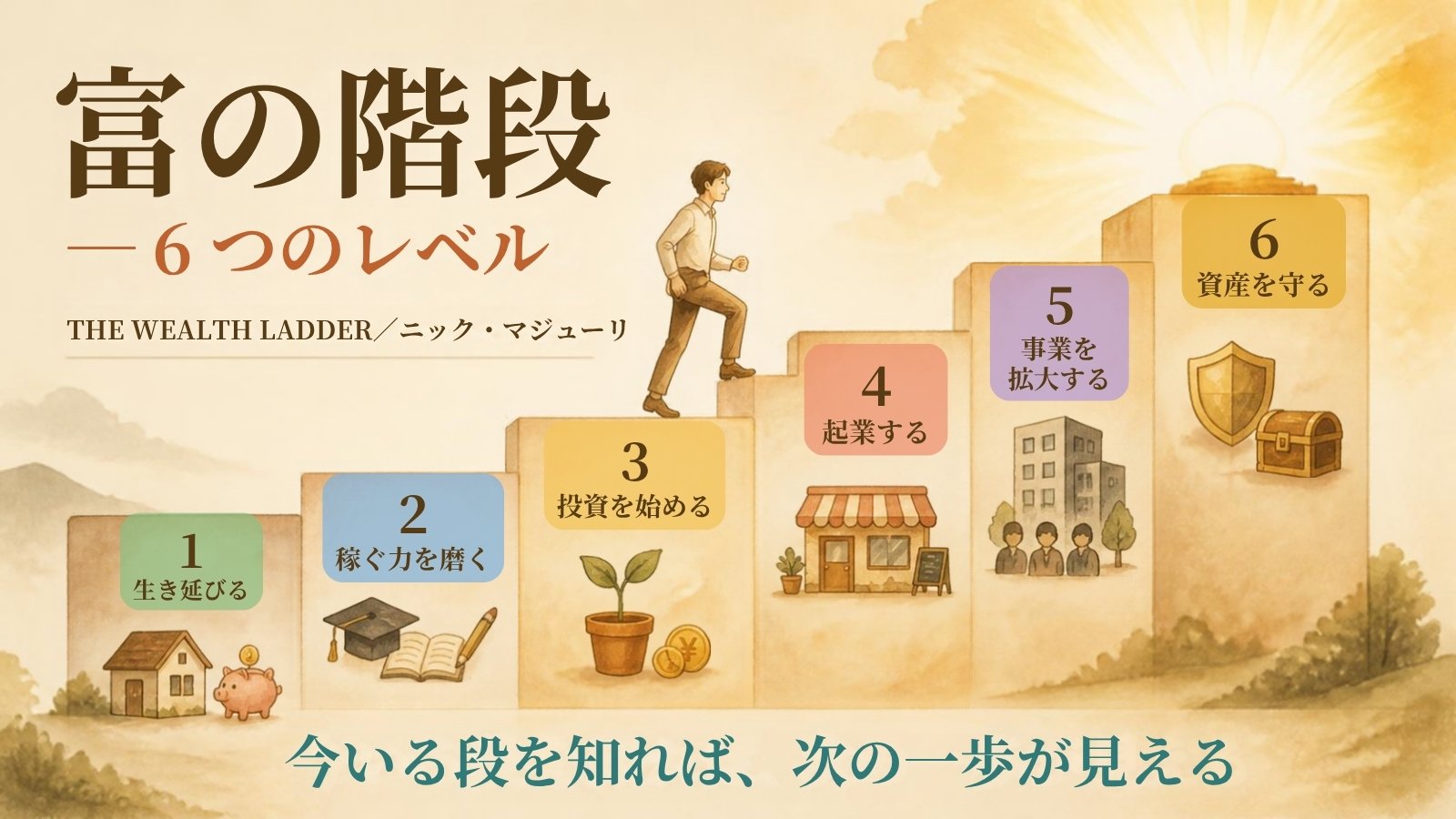 『THE WEALTH LADDER 富の階段』ニック・マジューリ氏が示す富の6つのレベル。生き延びる、稼ぐ力を磨く、投資を始める、起業する、事業を拡大する、資産を守る