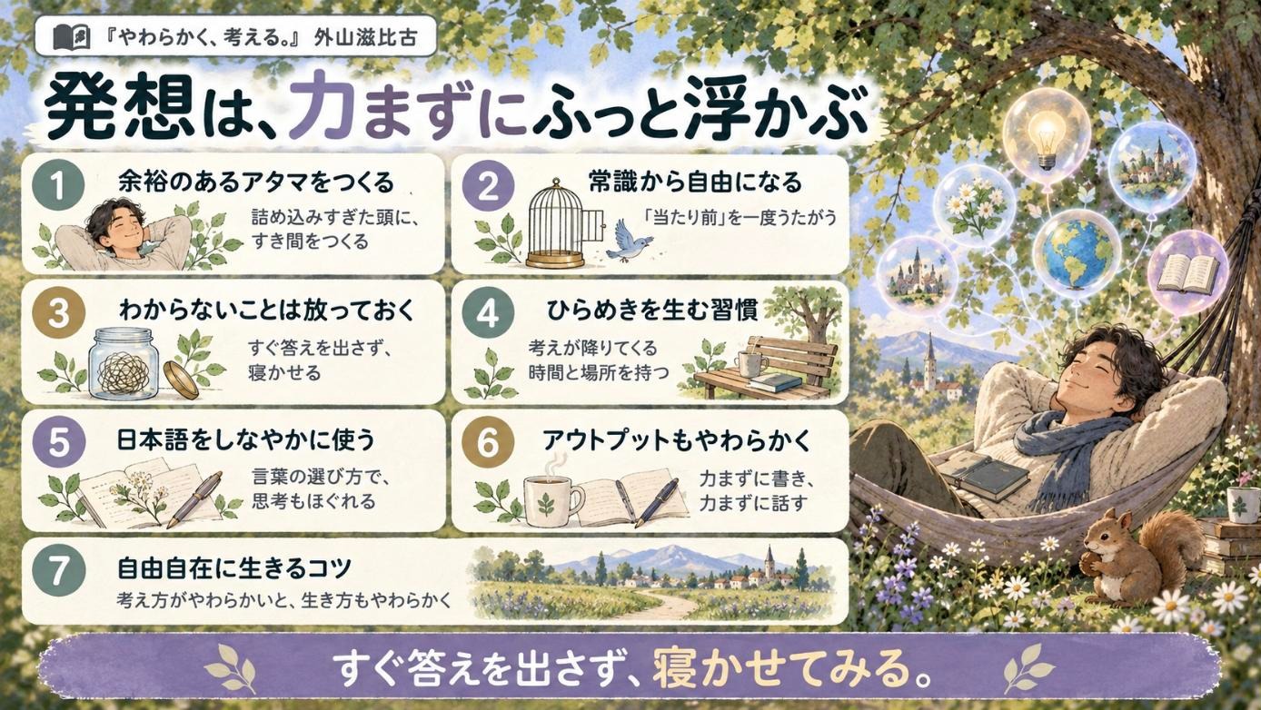 『やわらかく、考える。』要約図:発想は、力まずにふっと浮かぶ